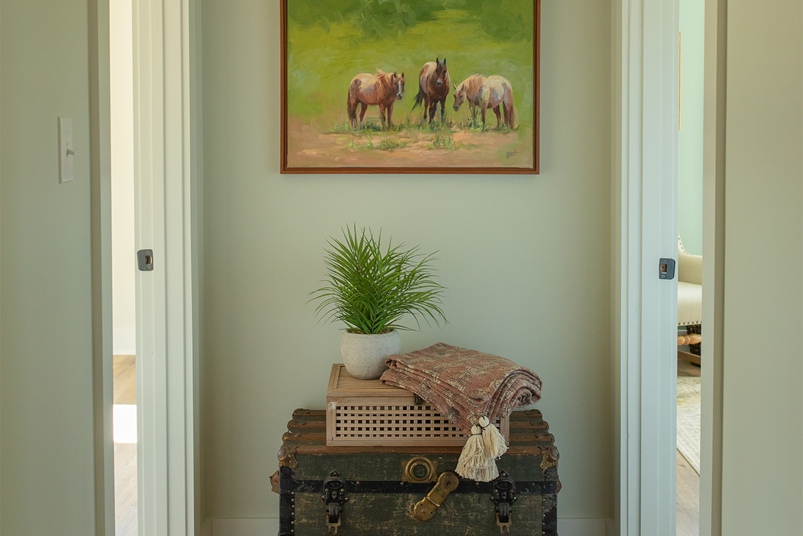 Hallway picture and chest with Valspar Colors Tea Stain and Gilded Linen