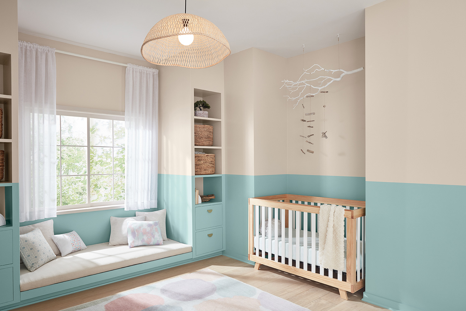 Nursery with Renew Blue half wall, nook for crib, built-in window seat and bookshelves. Top half of wall in Perfect Backdrop.