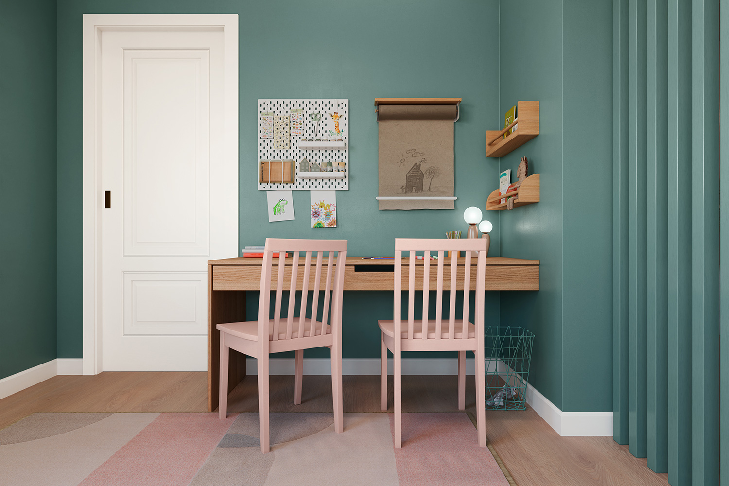 Tall-backed Rosario Ridge chairs with study desk against Secluded Garden walls. Trim is in Du Jour.