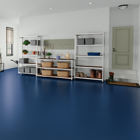 Six-image carousel of living room, child’s room, entryway, backyard and kitchen, all incorporating Renew Blue.