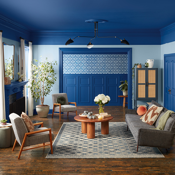 Six-image carousel of living room, child’s room, entryway, backyard and kitchen, all incorporating Renew Blue.