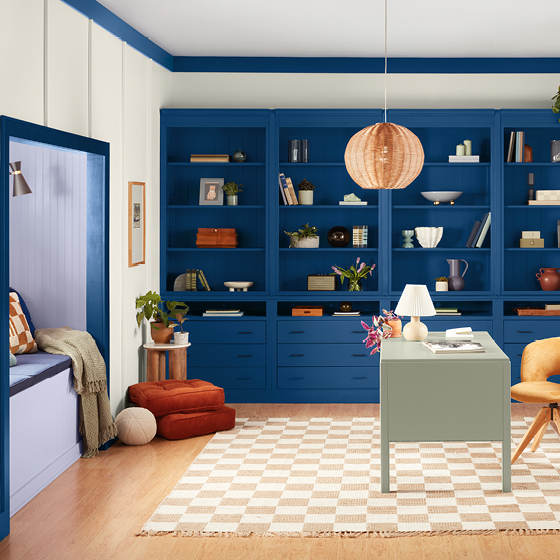 Six-image carousel of living room, child’s room, entryway, backyard and kitchen, all incorporating Renew Blue.